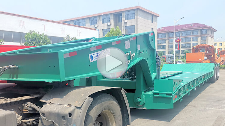 Model： Dimension：16000mm * 3000mm *2500mm Loading capacity:  80 ton gooseneck lowboy for sale Axles：3 axles Tire：12 units Suspension：Heavy duty mechanical suspension King pin：50#, 90# Landing gear：JOST Gooseneck: Hydraulic removable gooseneck Hydraulic power station: 12KW Diesel engine Electrical system: 24V, LED lights
